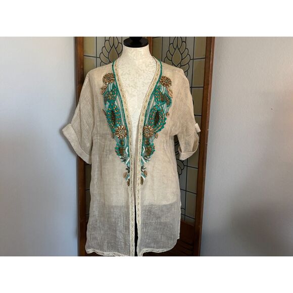 Soft Surroundings Linen Kimono Turquoise and Brown Beaded Embellishments Size S - Picture 1 of 15